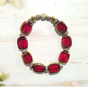 USO Center Cherry Red Beaded Stretch Bracelet with Monogram Accents Handmade